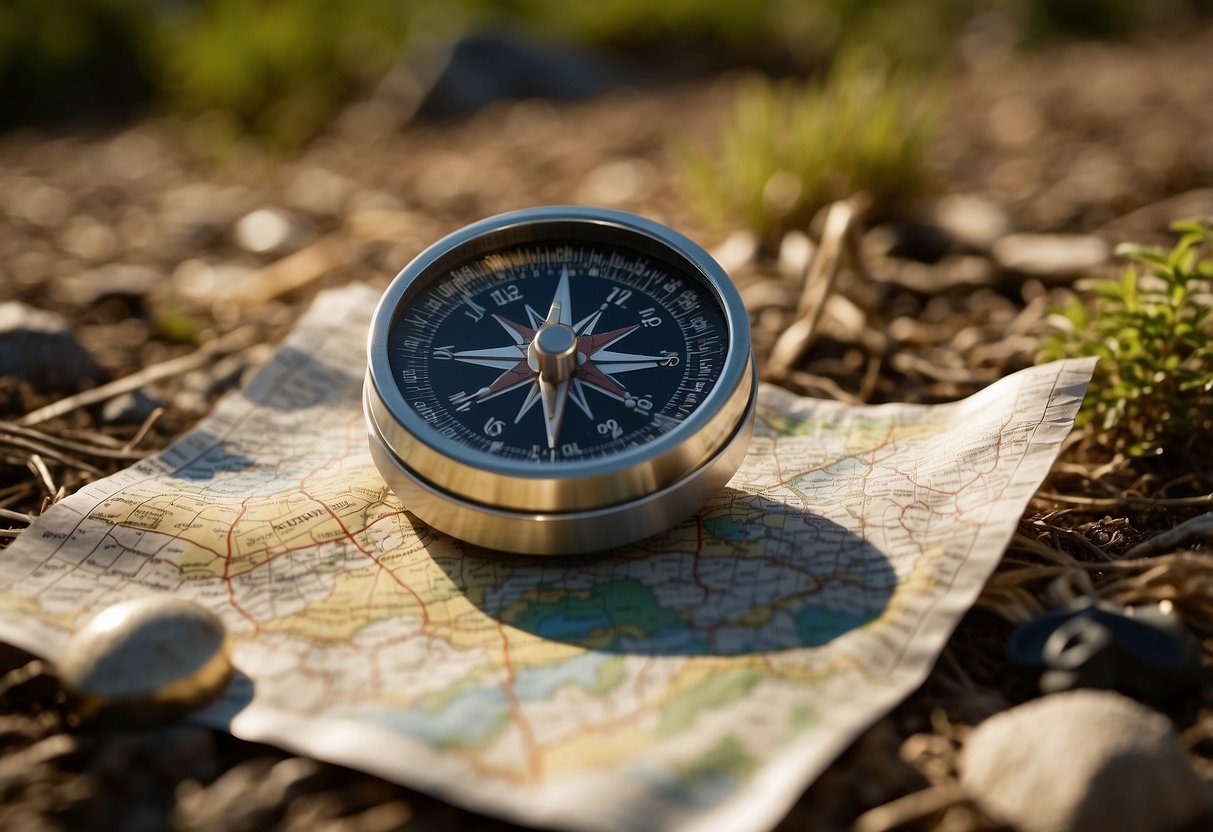 A compass lying on a map, surrounded by child-friendly orienteering gear and nature elements. The sun is shining, casting shadows on the ground