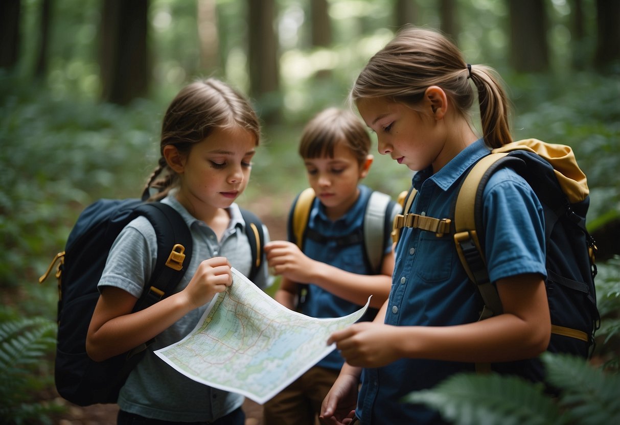 A group of kids navigate through a forest using maps and compasses. They search for hidden markers and work together to find their way through the wilderness