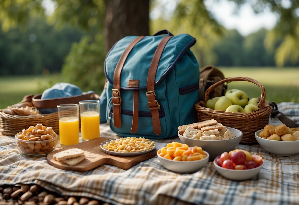 A family picnic blanket spread with a map, compass, and healthy snacks. Children's backpacks and water bottles nearby. Trees and a trail in the background