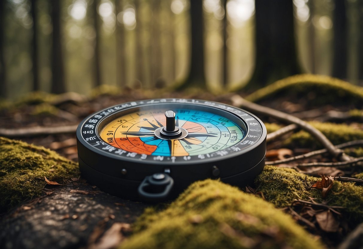 A colorful orienteering map with symbols and a compass, surrounded by trees and trails in a forest setting