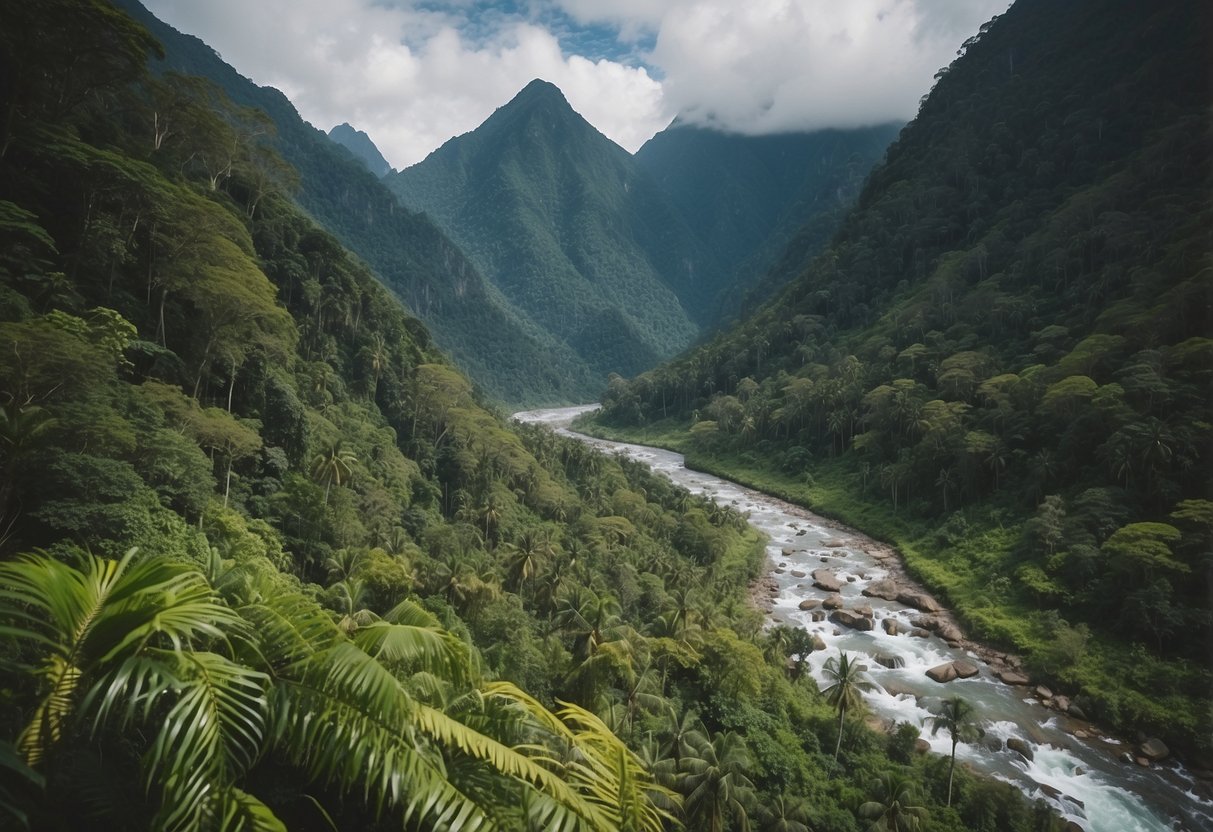 Lush rainforest with winding trails, towering mountains, and rushing rivers. Brightly colored markers dot the landscape, leading adventurers through diverse terrain