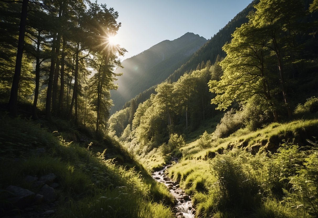 Lush, green forests with winding trails, mountainous terrain, and clear, flowing rivers. Bright sunshine filtering through the trees, creating dappled shadows on the ground