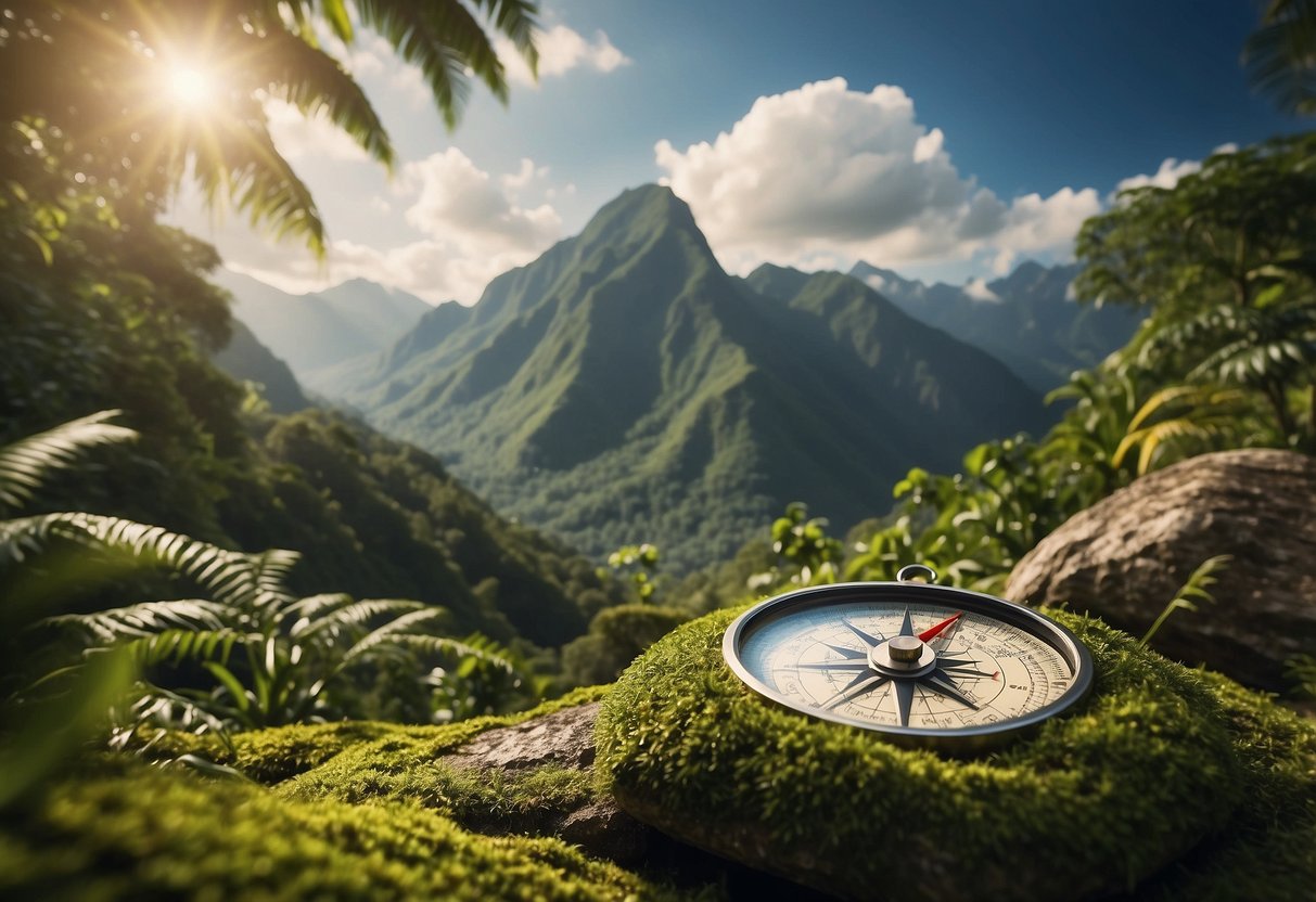 A lush jungle with winding trails, vibrant flora, and towering mountains in the background. A map and compass lay on a moss-covered rock, ready for adventure