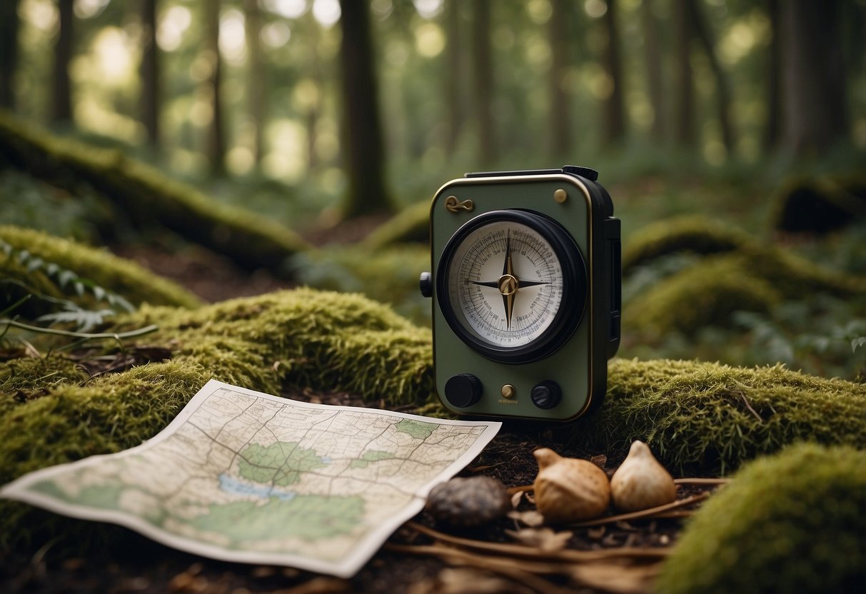 A forest trail with a variety of wildlife including birds, deer, and rabbits. A map and compass sit on the ground, while a person navigates through the trees