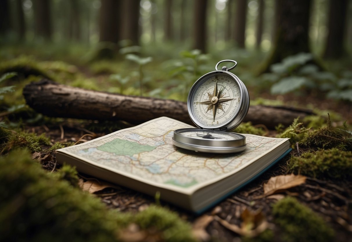 A serene forest clearing with a hiker's compass and map laid out on the ground. Various wildlife, such as birds, deer, and squirrels, are peacefully coexisting in the background