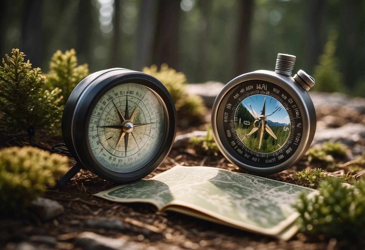 A hiker places wildlife deterrents around their campsite. A map and compass sit nearby. Trees and bushes surround the area