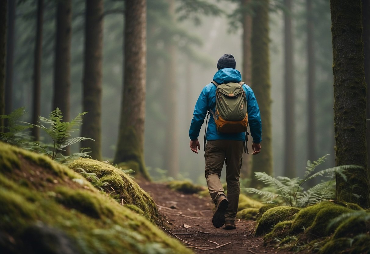 A hiker in appropriate clothing encounters wildlife while orienteering in a dense forest, surrounded by trees and various animals