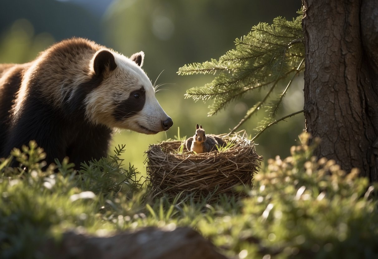 Animals foraging, nesting, and interacting in natural habitat. Avoiding direct contact, observing from a safe distance, and respecting their space