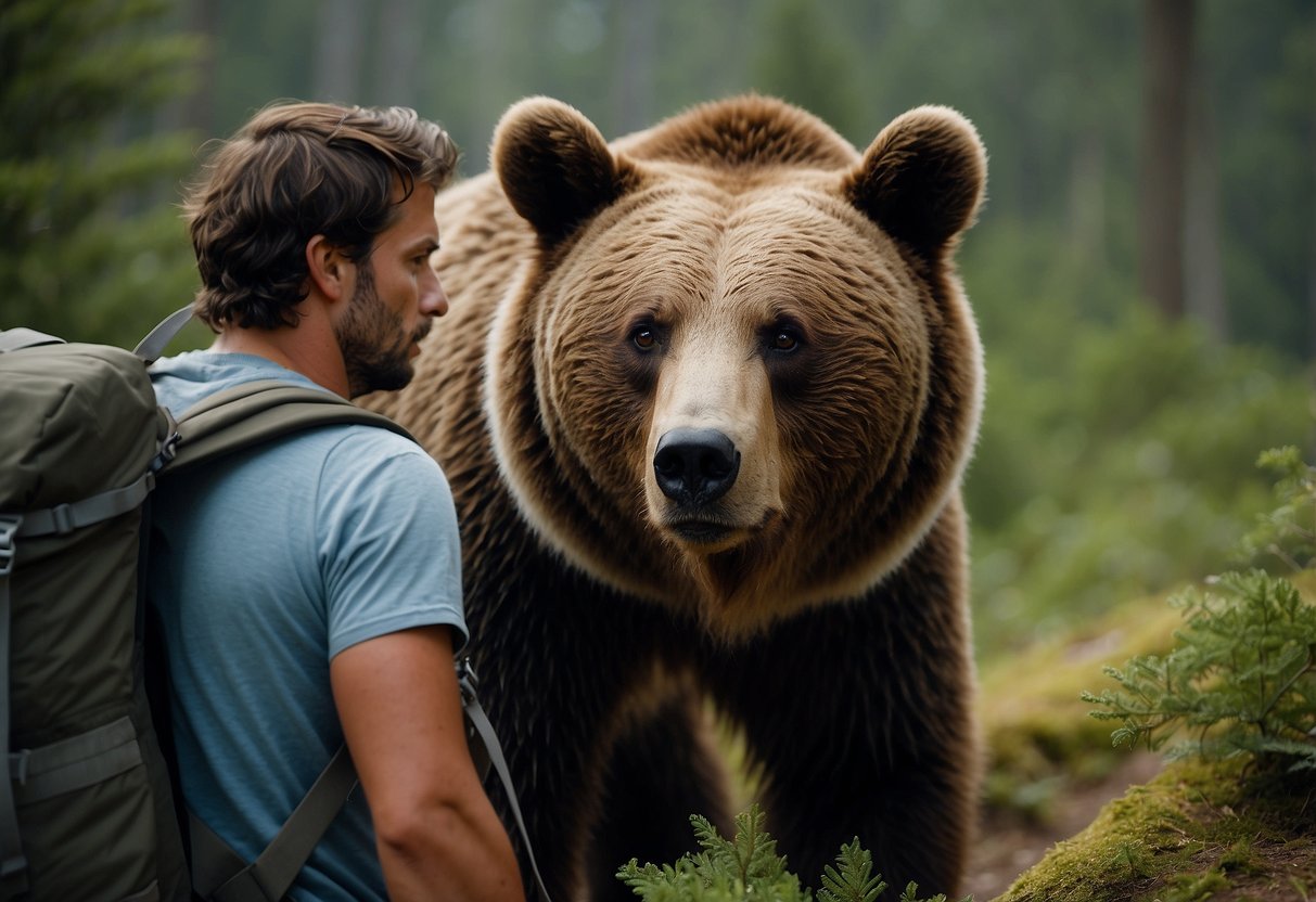 A hiker carefully observes a bear from a safe distance, keeping quiet and avoiding direct eye contact. They hold their backpack close, ready to slowly back away if needed