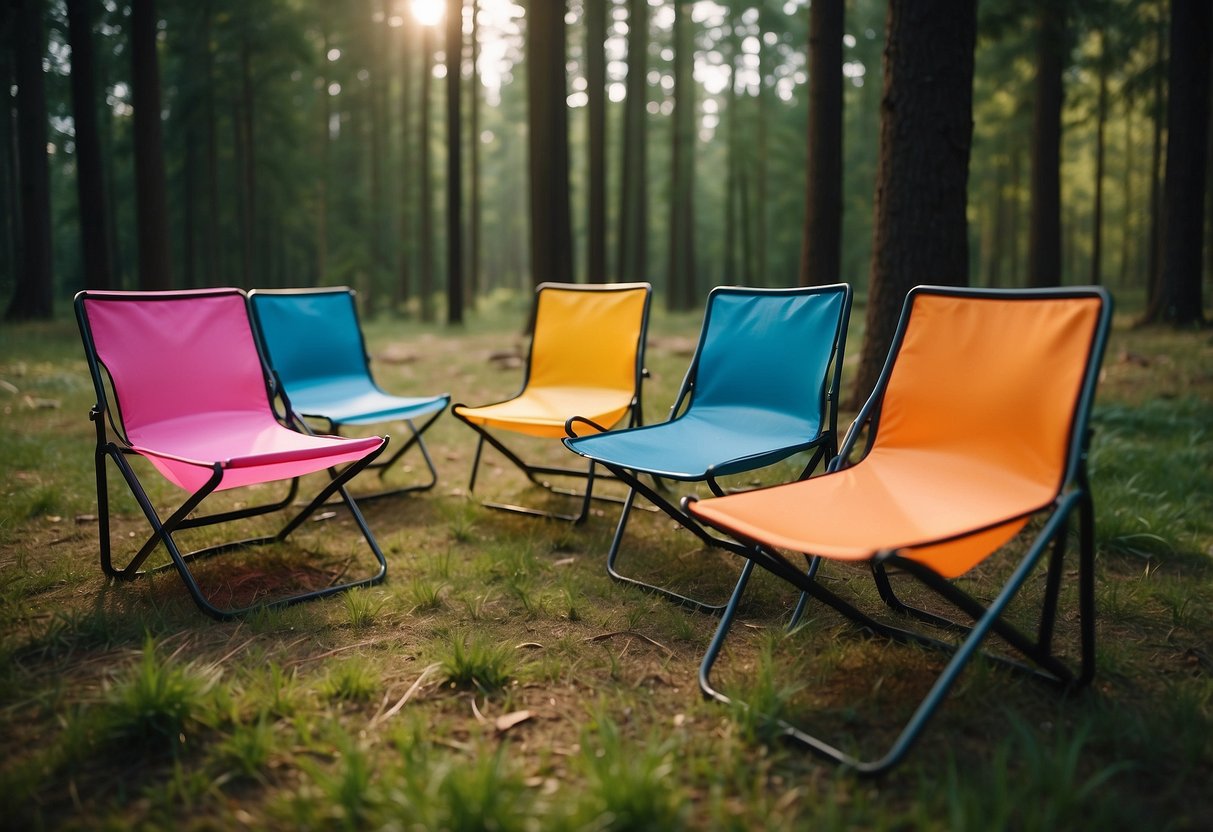 Five lightweight orienteering chairs arranged in a circle on a grassy field with a forest in the background. Each chair has a different color and design, with compact and durable features