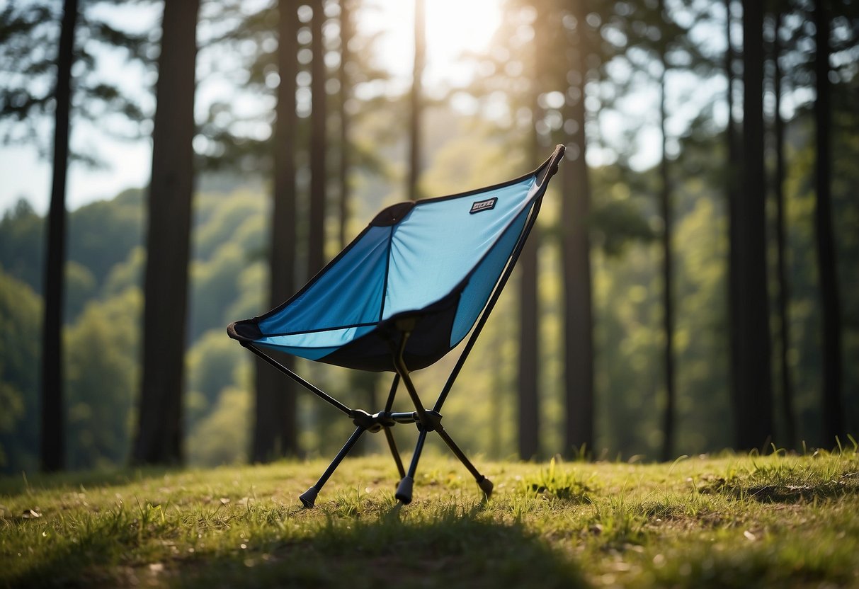 A Helinox Chair Zero sits on a grassy hill, surrounded by tall trees and a clear blue sky. Its lightweight frame and compact design make it perfect for outdoor activities like orienteering