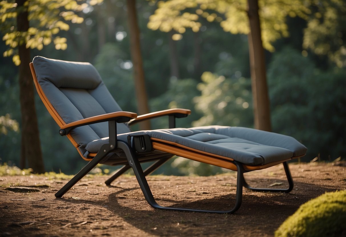 A NEMO Stargaze Recliner 5 sits in a serene outdoor setting, surrounded by nature. The lightweight chair is perfect for orienteering and offers comfort and relaxation