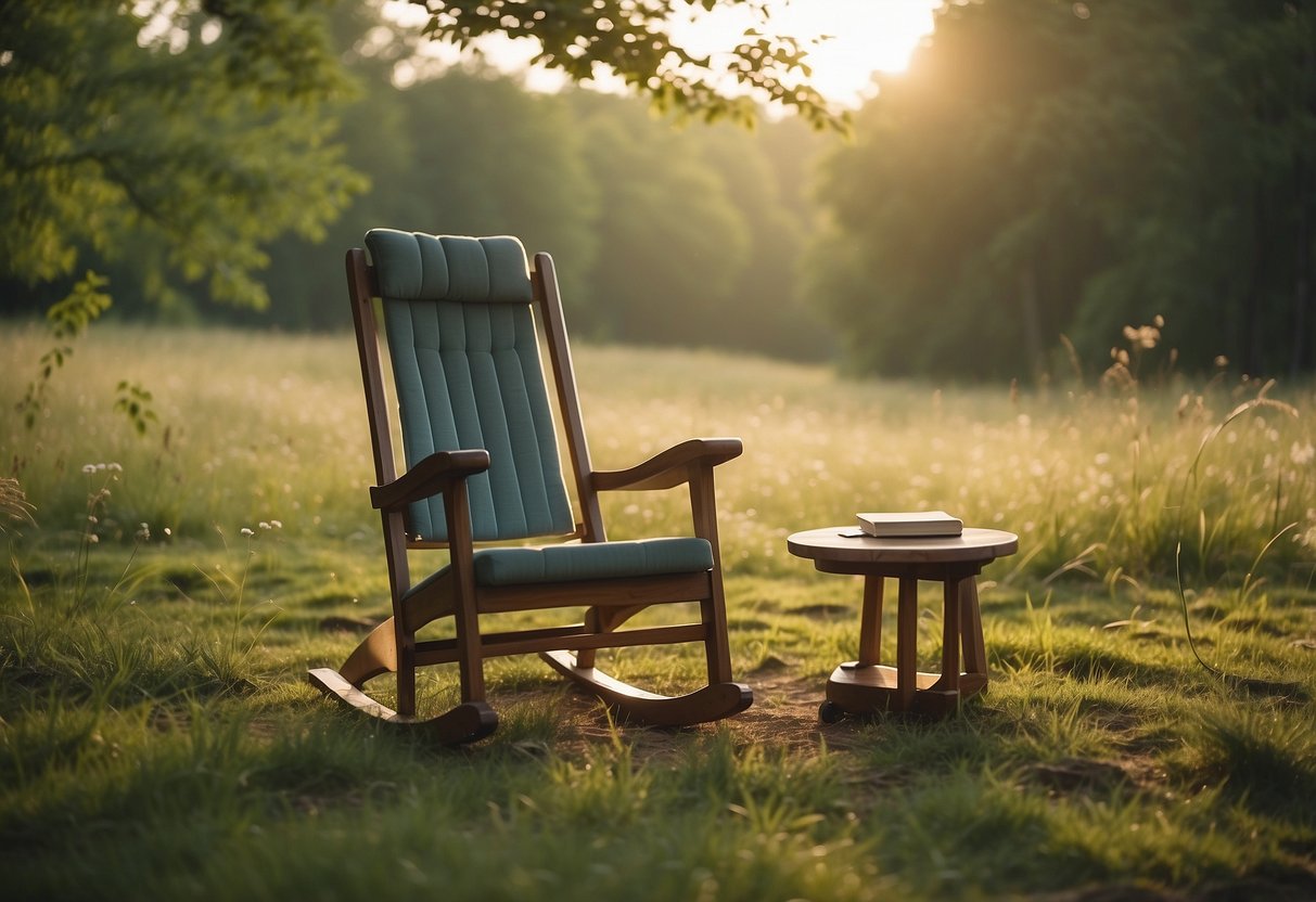 A serene outdoor setting with a lightweight, portable rocking chair surrounded by nature. The chair is sturdy and comfortable, perfect for outdoor activities like orienteering