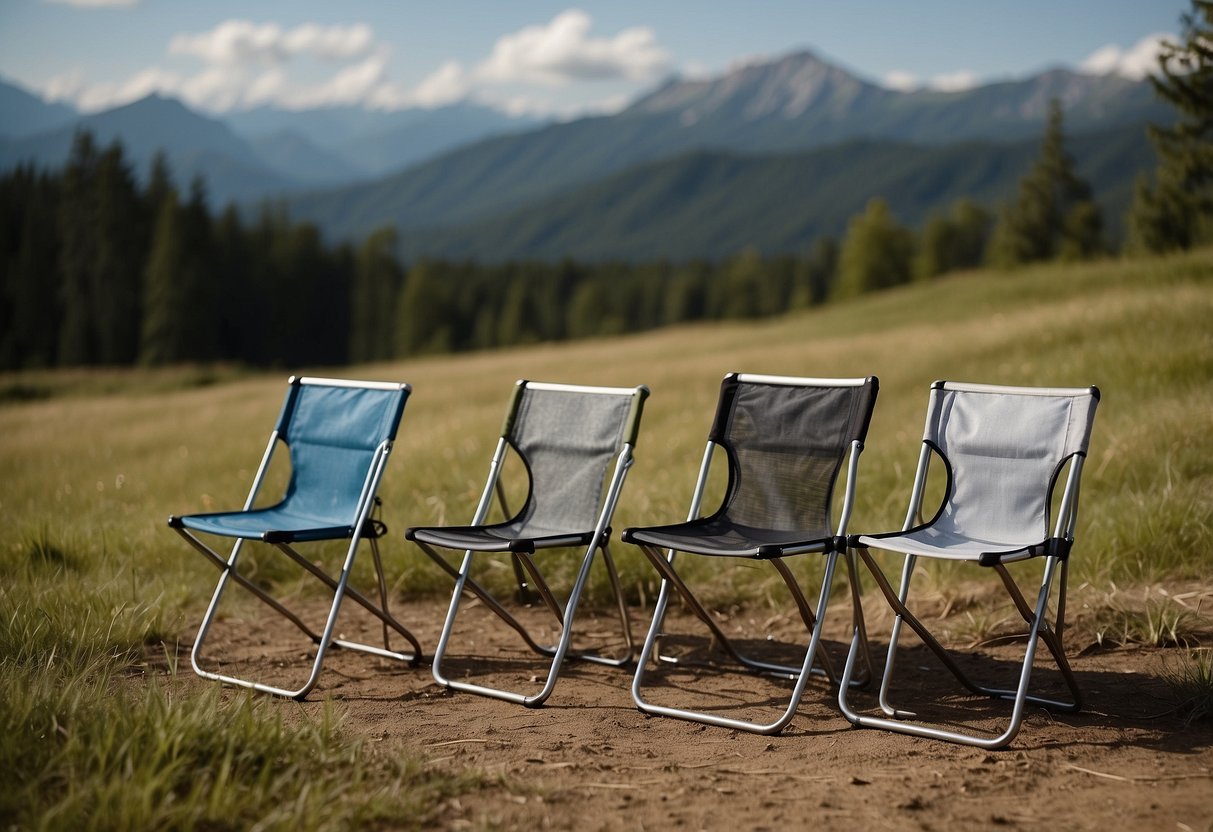 The scene shows five lightweight orienteering chairs with various materials such as aluminum, carbon fiber, and mesh fabric, arranged in a row