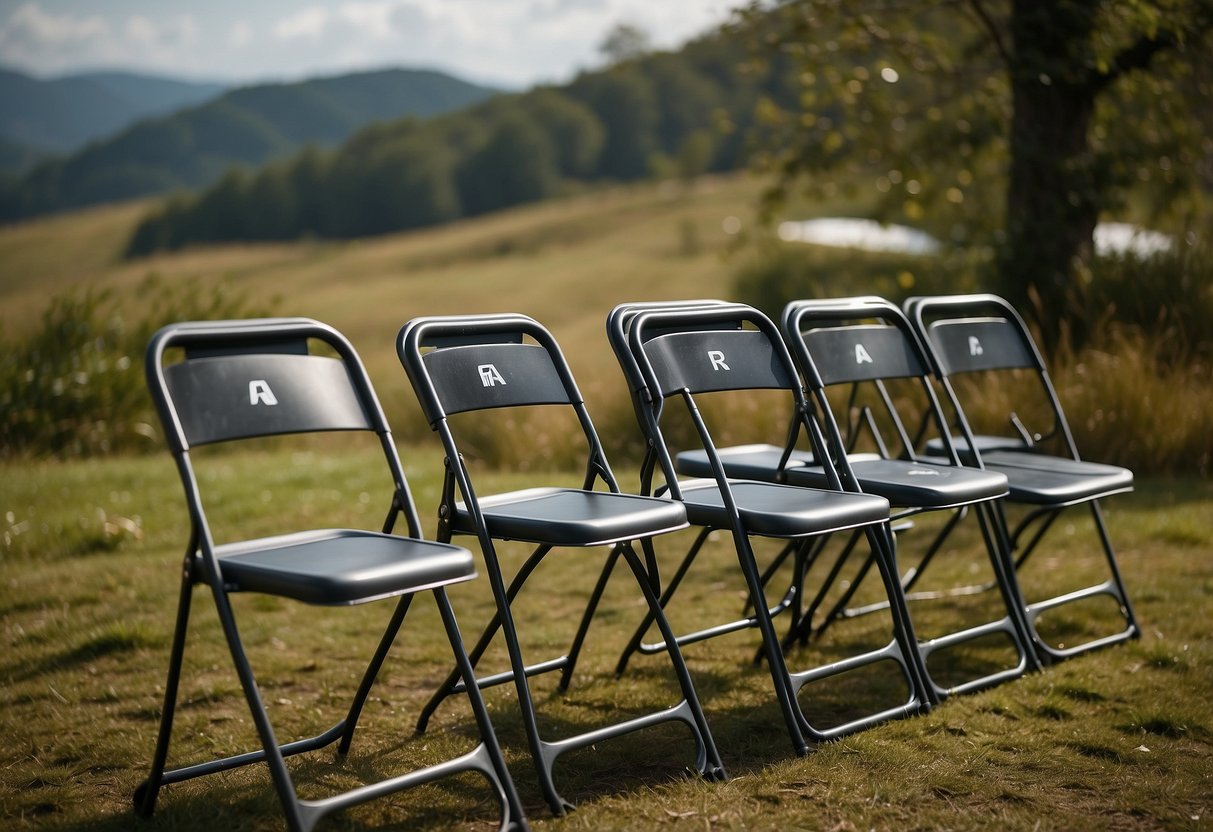 A group of lightweight orienteering chairs arranged in a circle, showcasing their ergonomic design features and durable materials. Each chair is foldable and compact, perfect for outdoor navigation