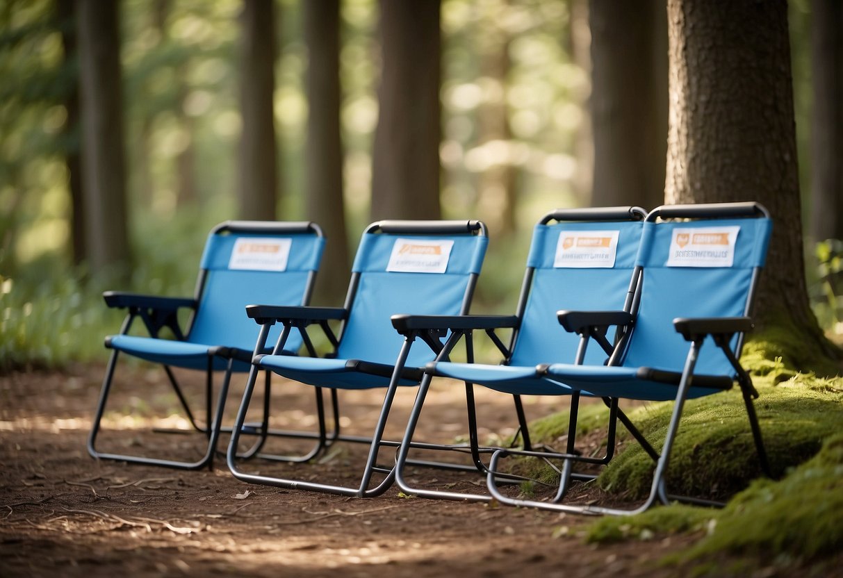 A set of 5 lightweight orienteering chairs neatly arranged on a clean, well-maintained surface, with accompanying care and maintenance tools nearby