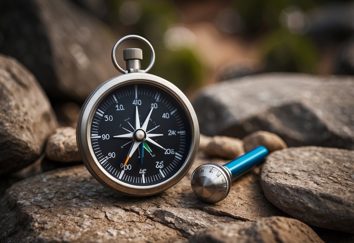 A compass, map, GPS device, altimeter, whistle, flashlight, watch, pencil, ruler, and protractor are arranged on a rocky terrain