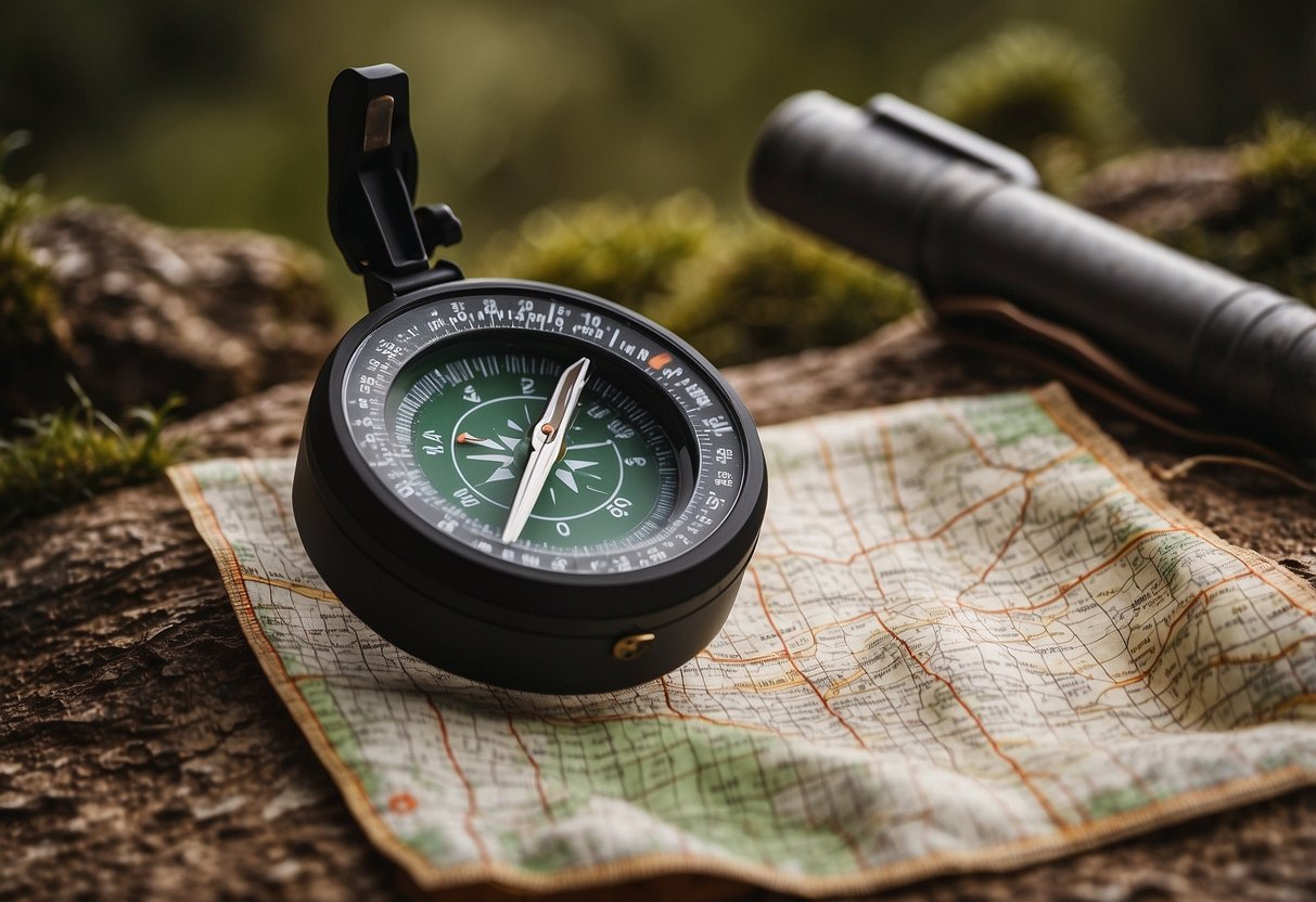 A Silva Ranger 2.0 compass lies on a map alongside other essential navigation tools for orienteering trips