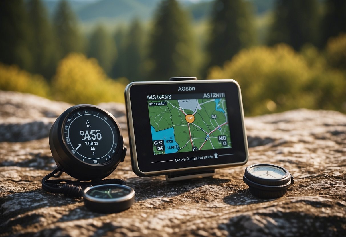 A GPS device and digital navigation tools laid out on a map. Compass, altimeter, and satellite communicator nearby. Outdoor setting with trees and mountains in the background