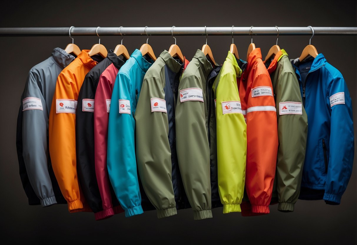 A group of lightweight orienteering jackets displayed on a rack, with various colors and designs. The jackets are made of breathable and water-resistant material, perfect for outdoor activities