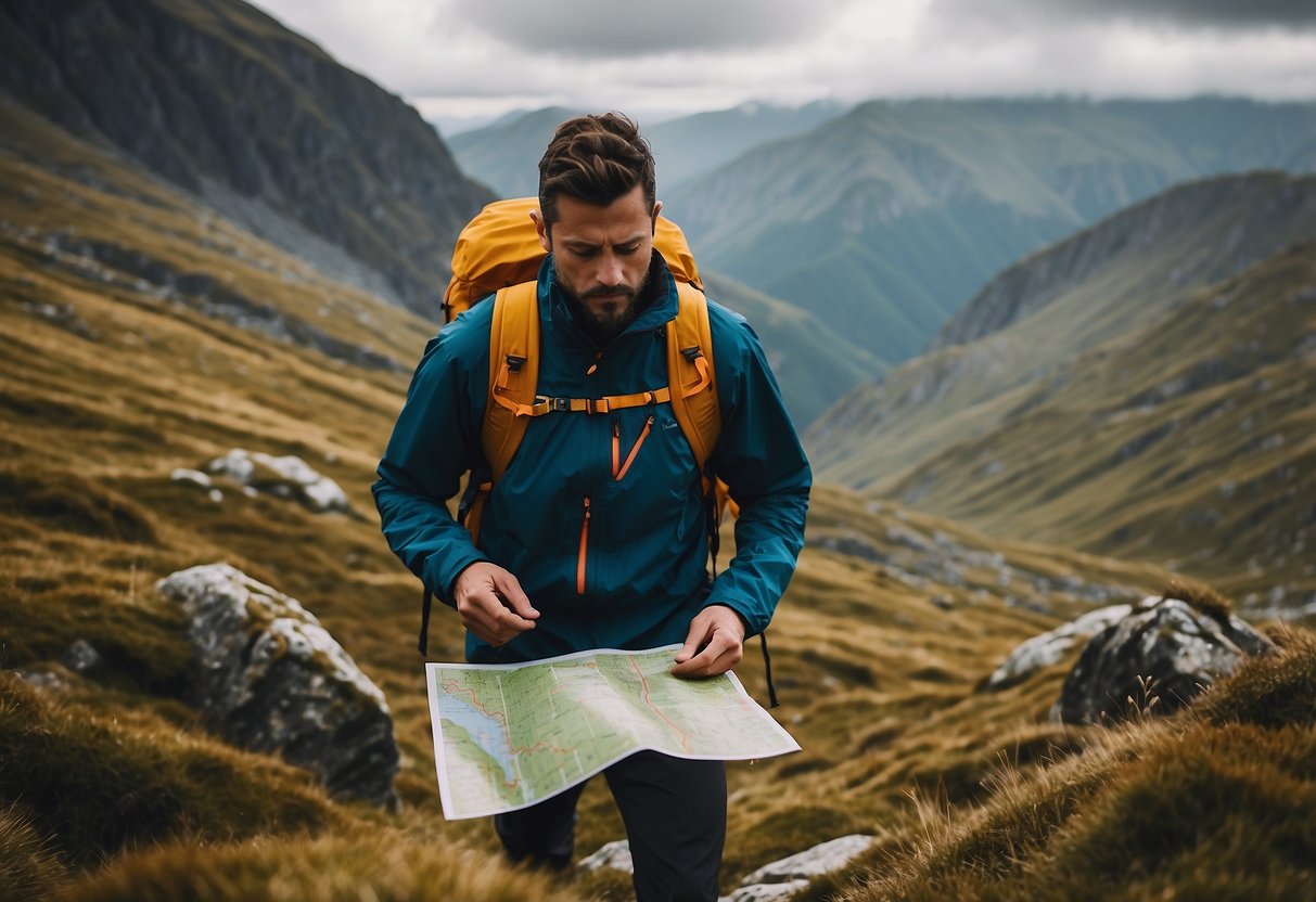 A hiker wearing the Montane Minimus Ultra 5 lightweight jacket navigating through rugged terrain with a map and compass in hand