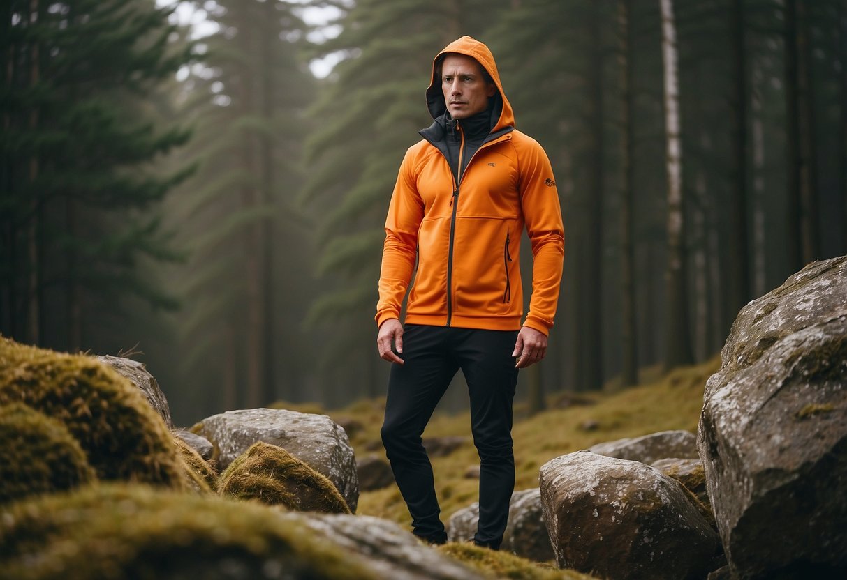 A figure stands on a rocky outcrop, wearing a Rab Vital Hoody. The lightweight orienteering jacket is zipped up, with the hood pulled over the head. The wind blows through the trees in the background