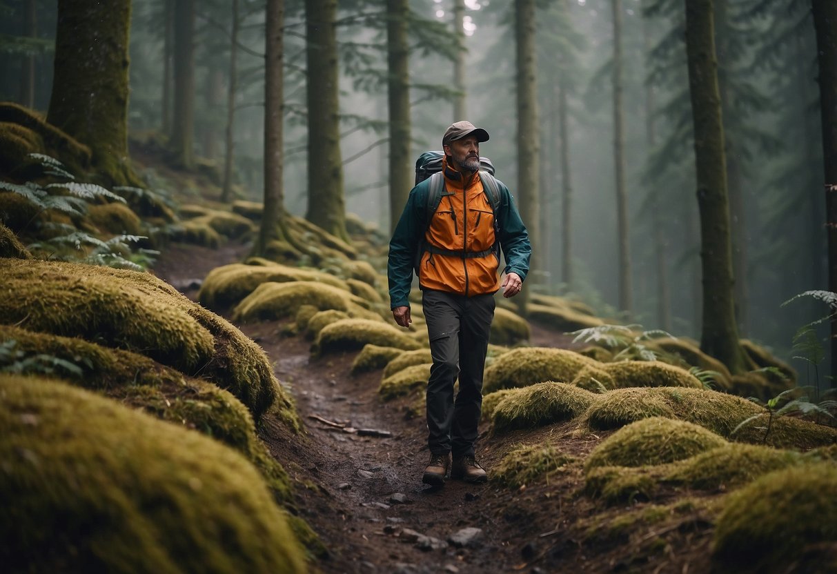 A hiker stands on a rugged trail, surrounded by dense forest and rocky terrain. They wear a lightweight orienteering jacket, with multiple pockets and adjustable features, providing protection from wind and rain