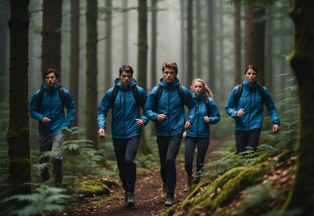 A group of orienteers wearing lightweight jackets navigate through dense forest, shields them from the elements