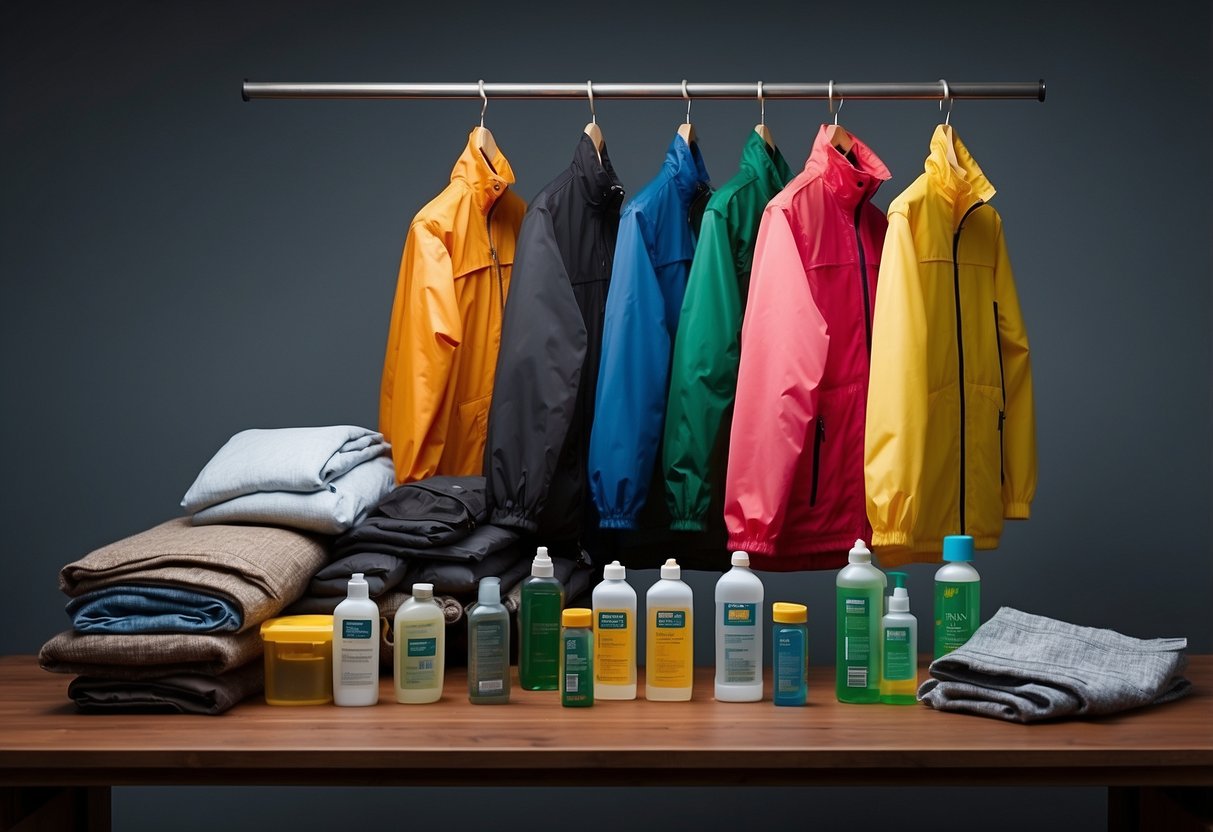 A table with 5 lightweight orienteering jackets neatly arranged, surrounded by care and maintenance items like a brush, detergent, and a hanger