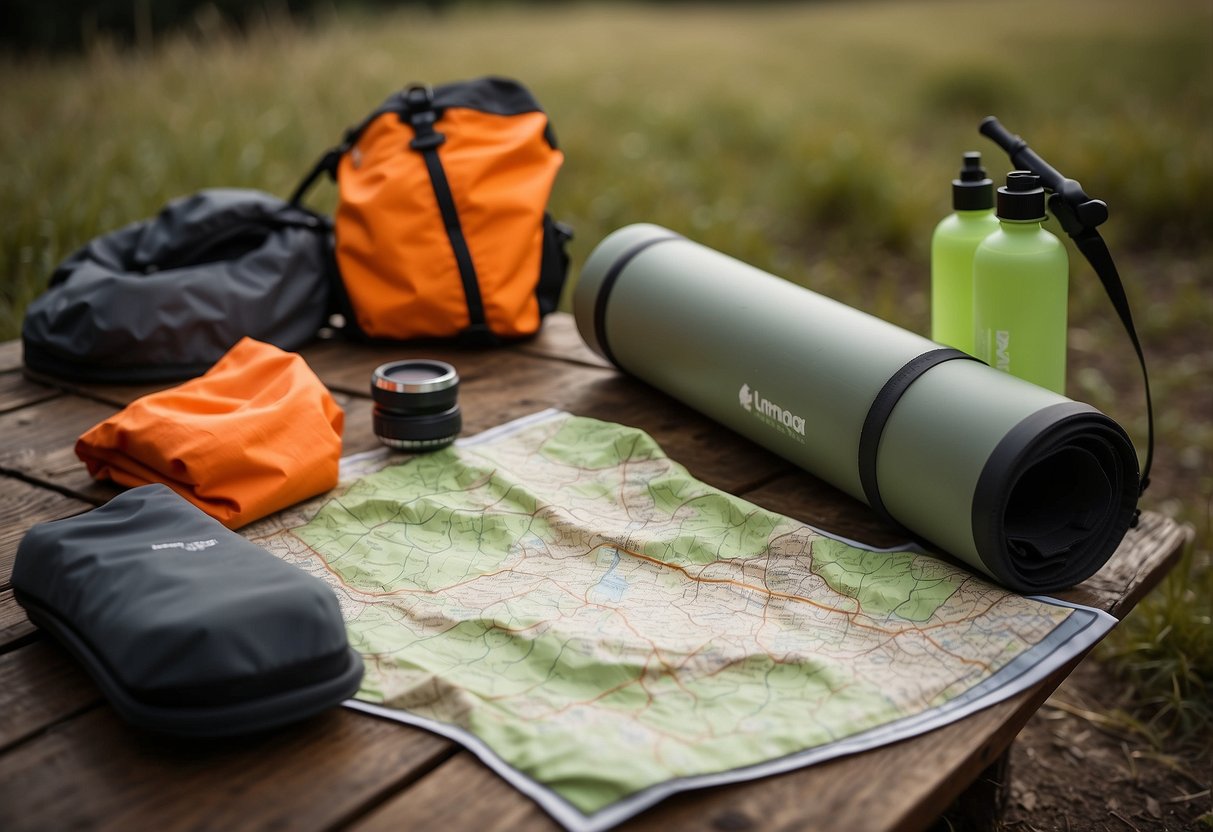 Orienteering gear scattered on a table, with a map, compass, and hydration pack. A pair of muddy trail running shoes sit nearby. A foam roller and stretching mat are on the floor