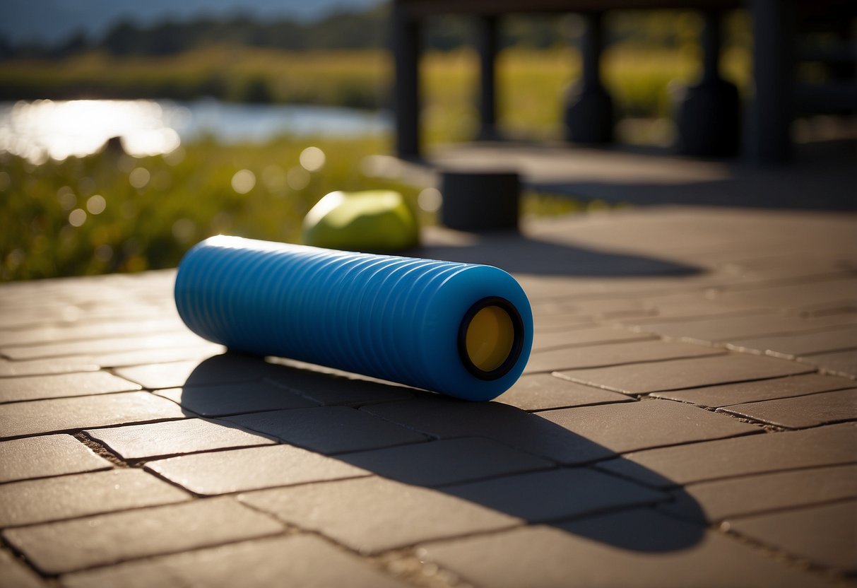 A foam roller is being used on a flat surface with a water bottle nearby. The roller is being rolled along the ground, indicating muscle recovery after a trip
