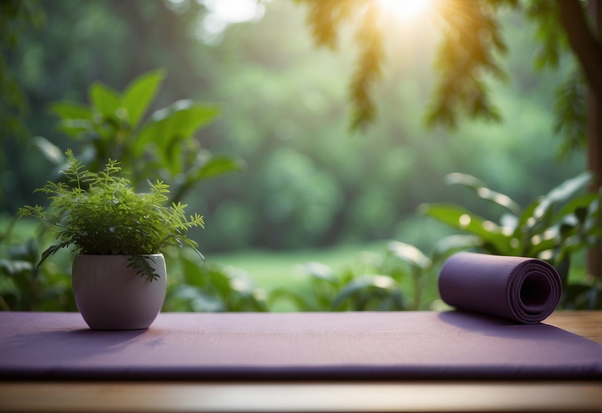 A serene setting with a yoga mat, surrounded by nature. A peaceful atmosphere with soft lighting and gentle movements