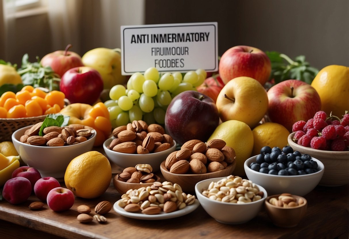 A table filled with colorful fruits, vegetables, and nuts, with a sign reading "Anti-Inflammatory Foods." A map and compass lay nearby