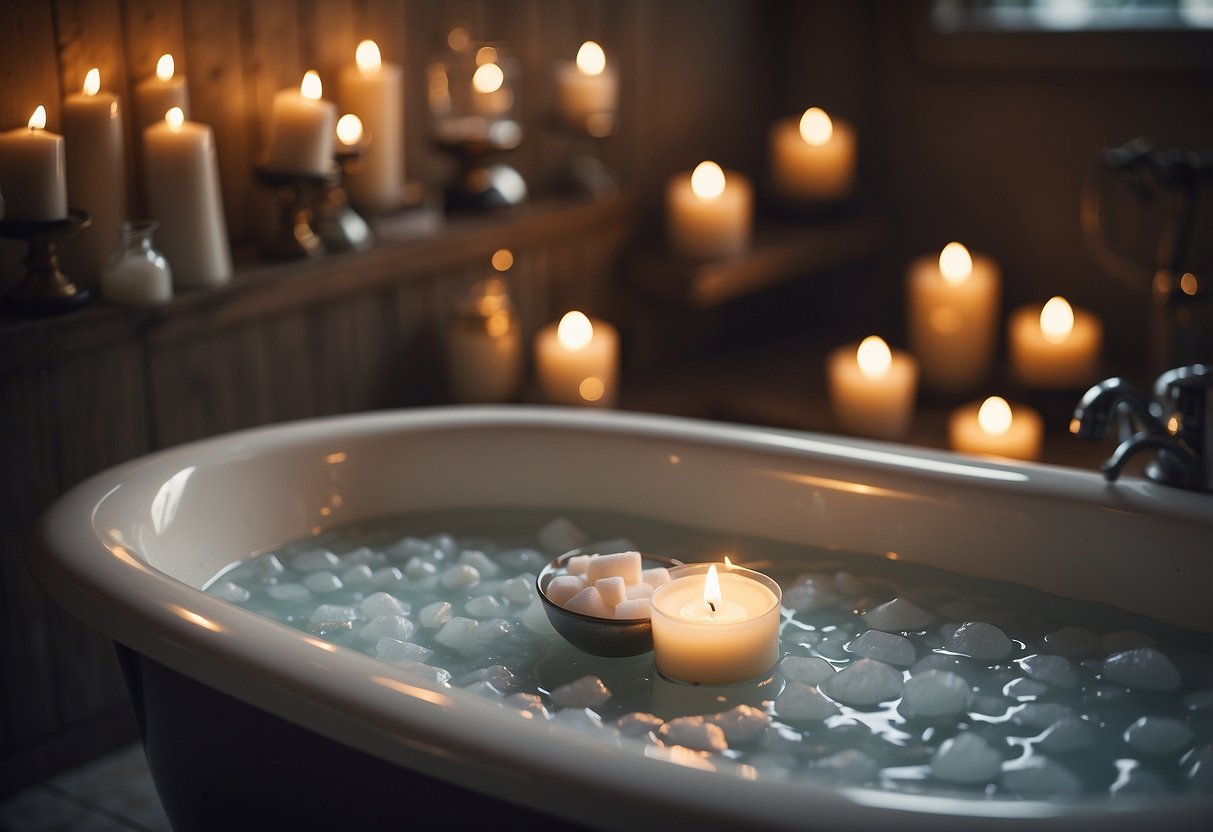 A bathtub filled with Epsom salt, surrounded by candles and a fluffy towel. A serene atmosphere with soft lighting and a sense of relaxation