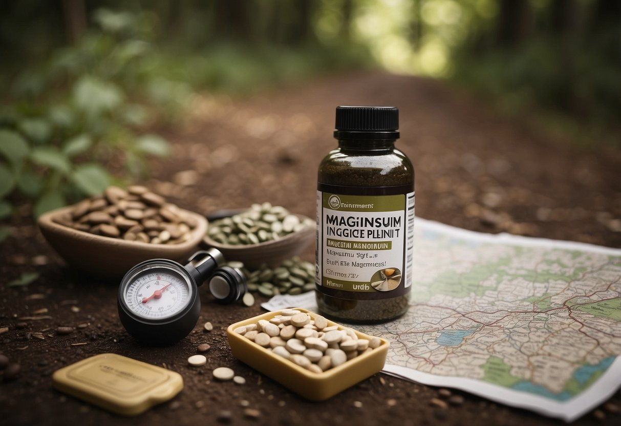 A bottle of magnesium supplements sits on a table next to a map and compass. A pair of muddy trail running shoes are tossed haphazardly on the floor