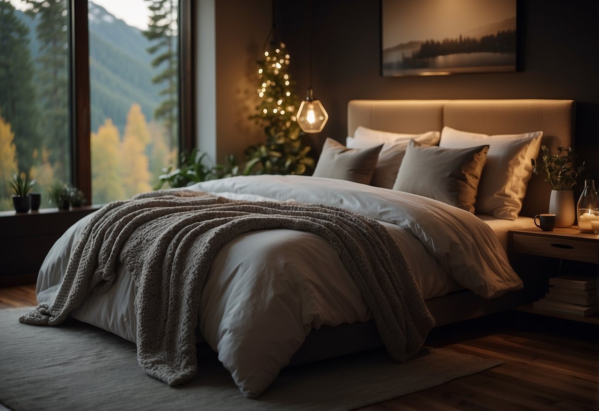 A cozy bed with a soft pillow and warm blanket, surrounded by nature-themed decor. A serene atmosphere with dim lighting and a peaceful ambiance, inviting relaxation and rejuvenation