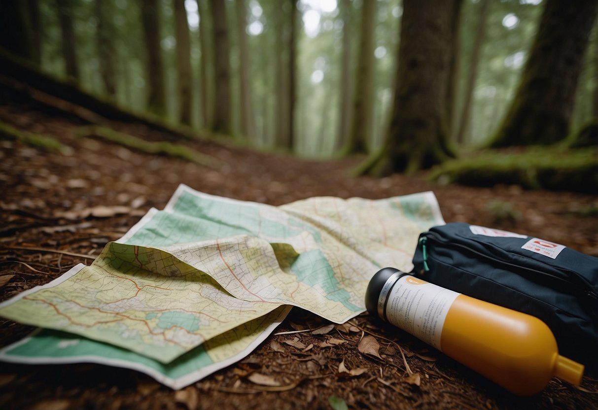 A forest with orienteering flags scattered throughout. A map and compass lie on the ground, with a tired and weary atmosphere. Nearby, a water bottle and energy snacks hint at post-trip recovery efforts