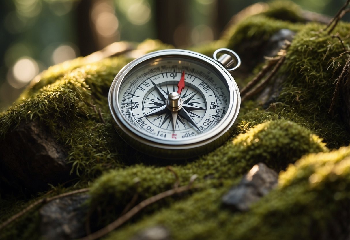 A compass and map laid out on a mossy rock, surrounded by towering trees and dappled sunlight filtering through the dense forest canopy