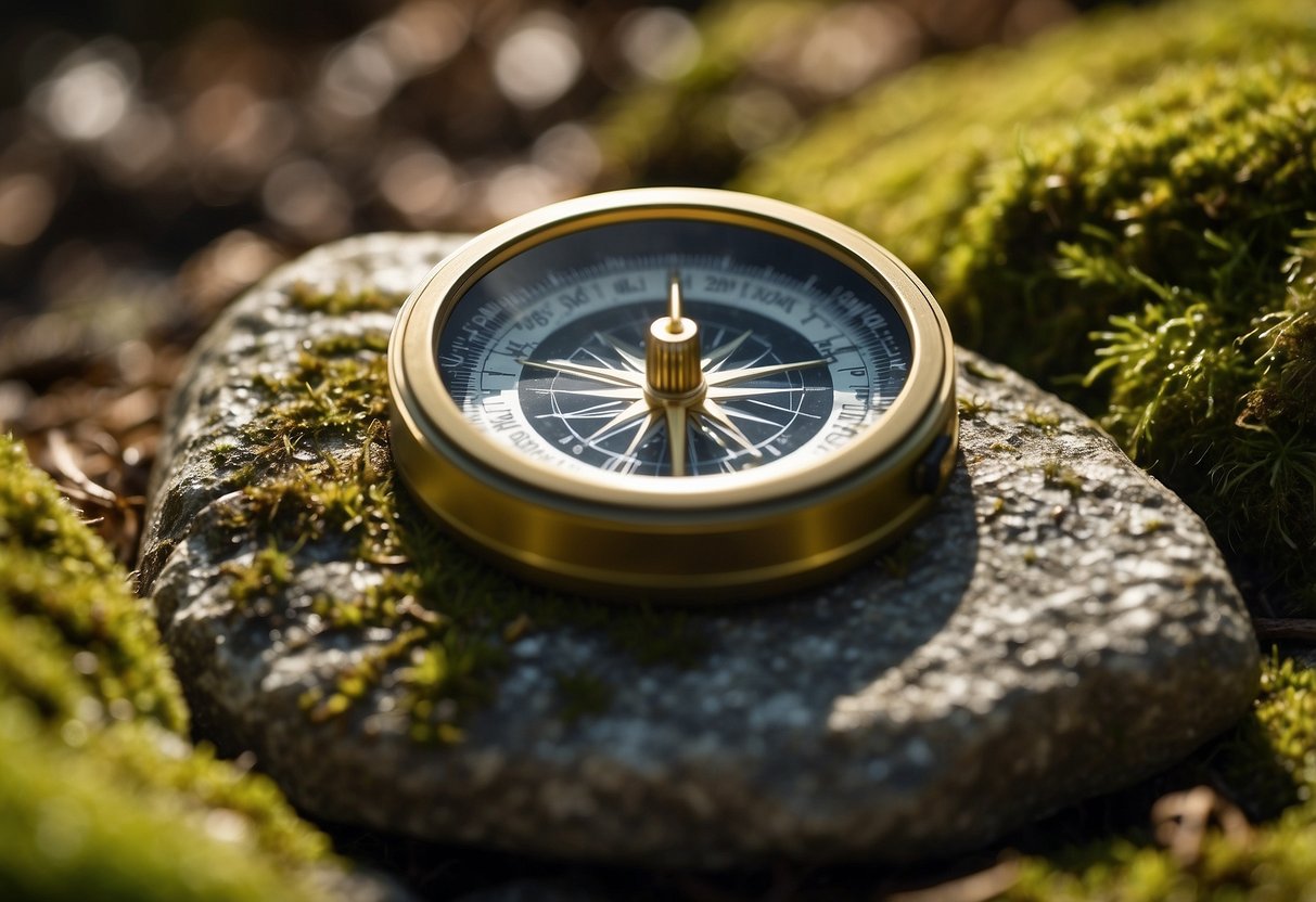 A map and compass lay on a mossy rock. A distant mountain peak is visible through the trees. The sun casts long shadows on the forest floor