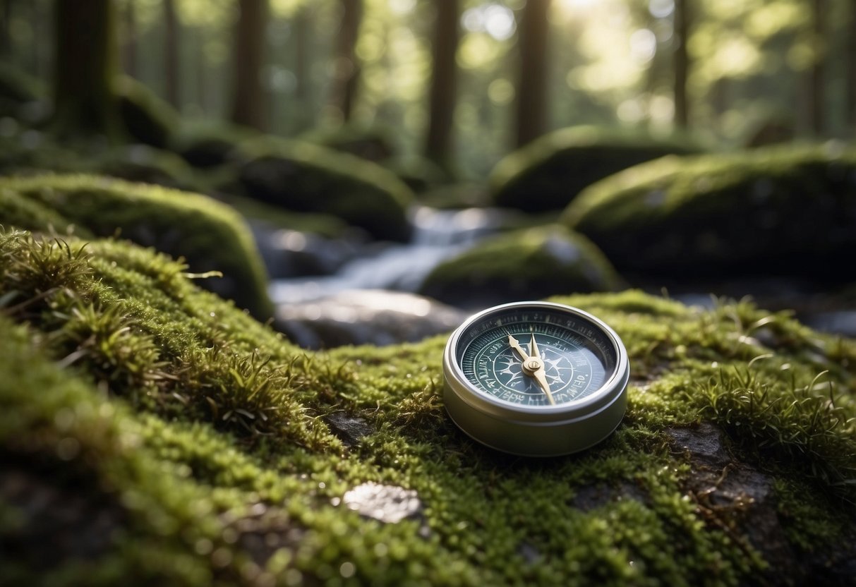 A map and compass lay on a moss-covered rock, surrounded by dense forest. Sunlight filters through the trees, casting dappled shadows on the ground. A small stream gurgles nearby, adding to the peaceful ambiance