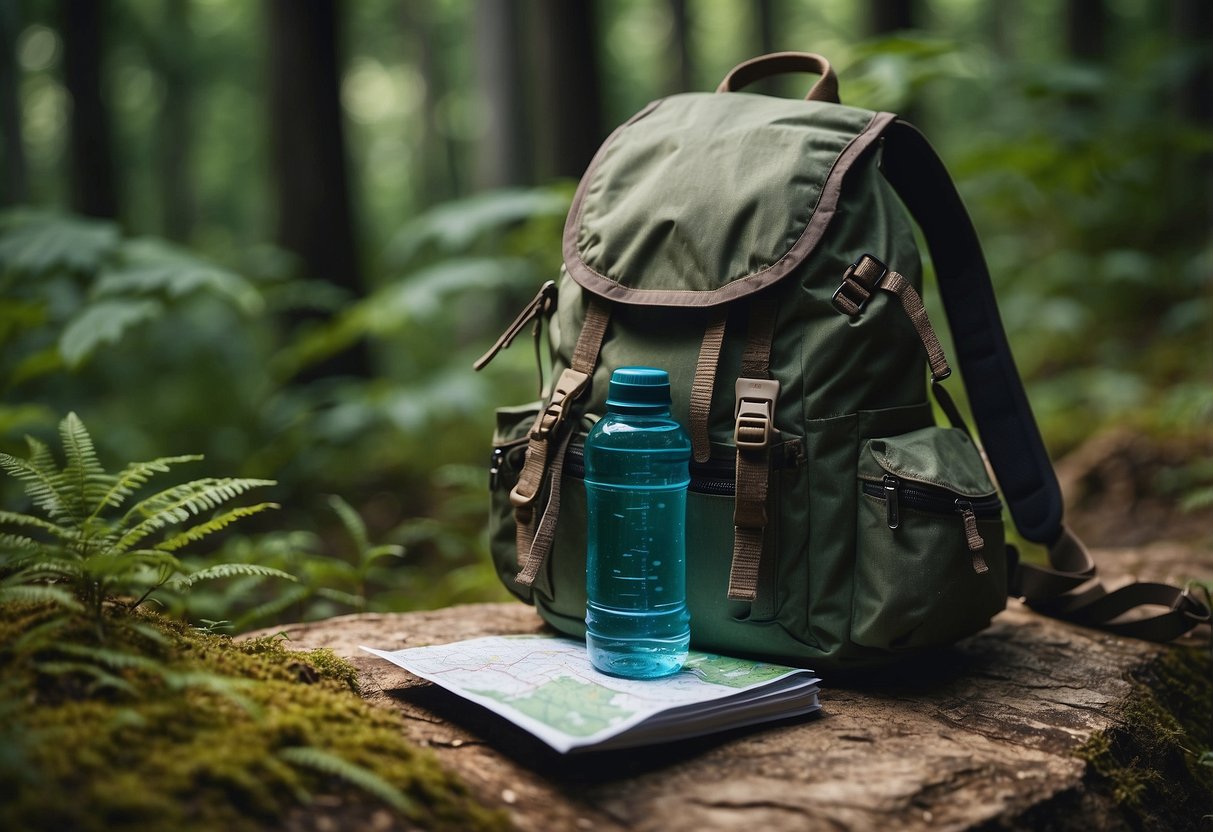 A backpack with a water bottle attached, surrounded by a map, compass, and trail mix, sits on a rock in a lush forest clearing