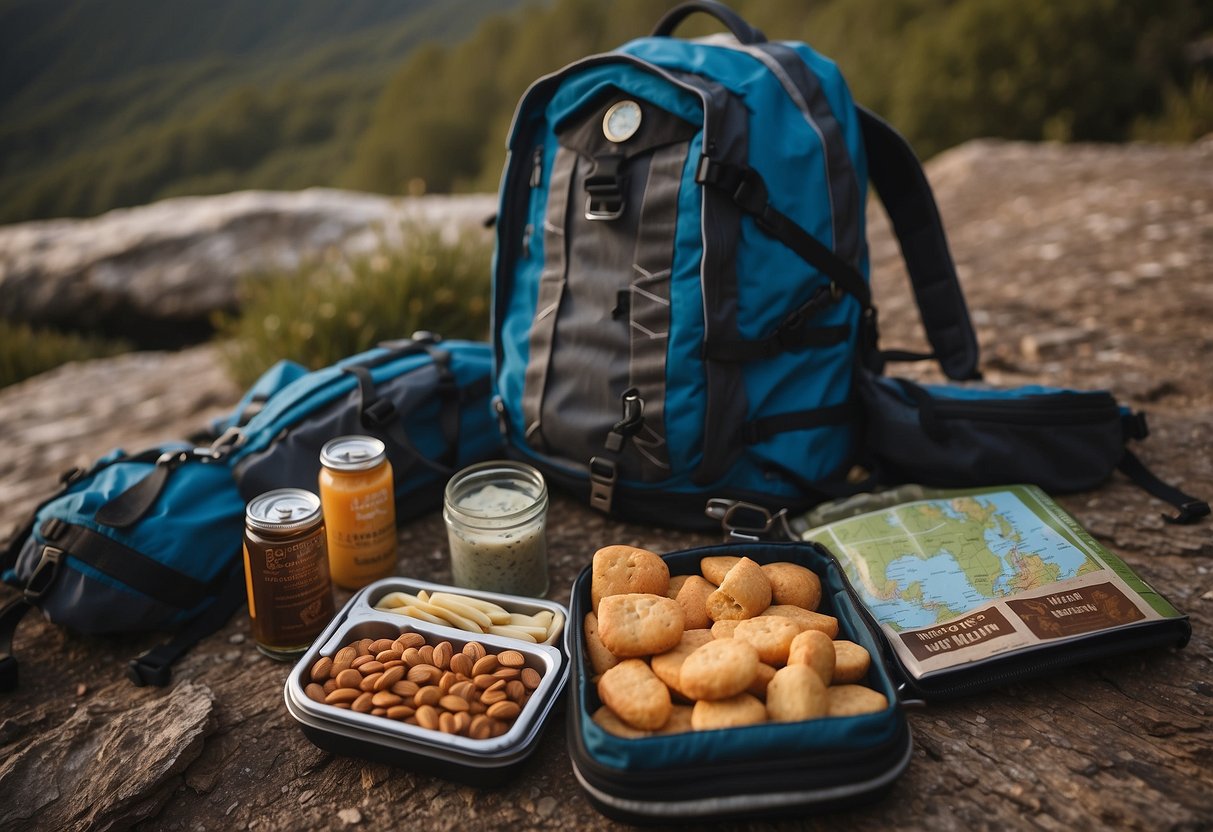 A backpack open with high-energy snacks spilling out, a map and compass laid out, surrounded by rugged terrain