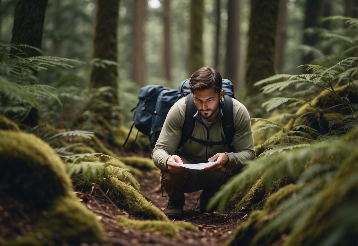 A hiker navigates through dense forest, using a map and compass. They pause to take deep breaths, surrounded by the sounds of nature