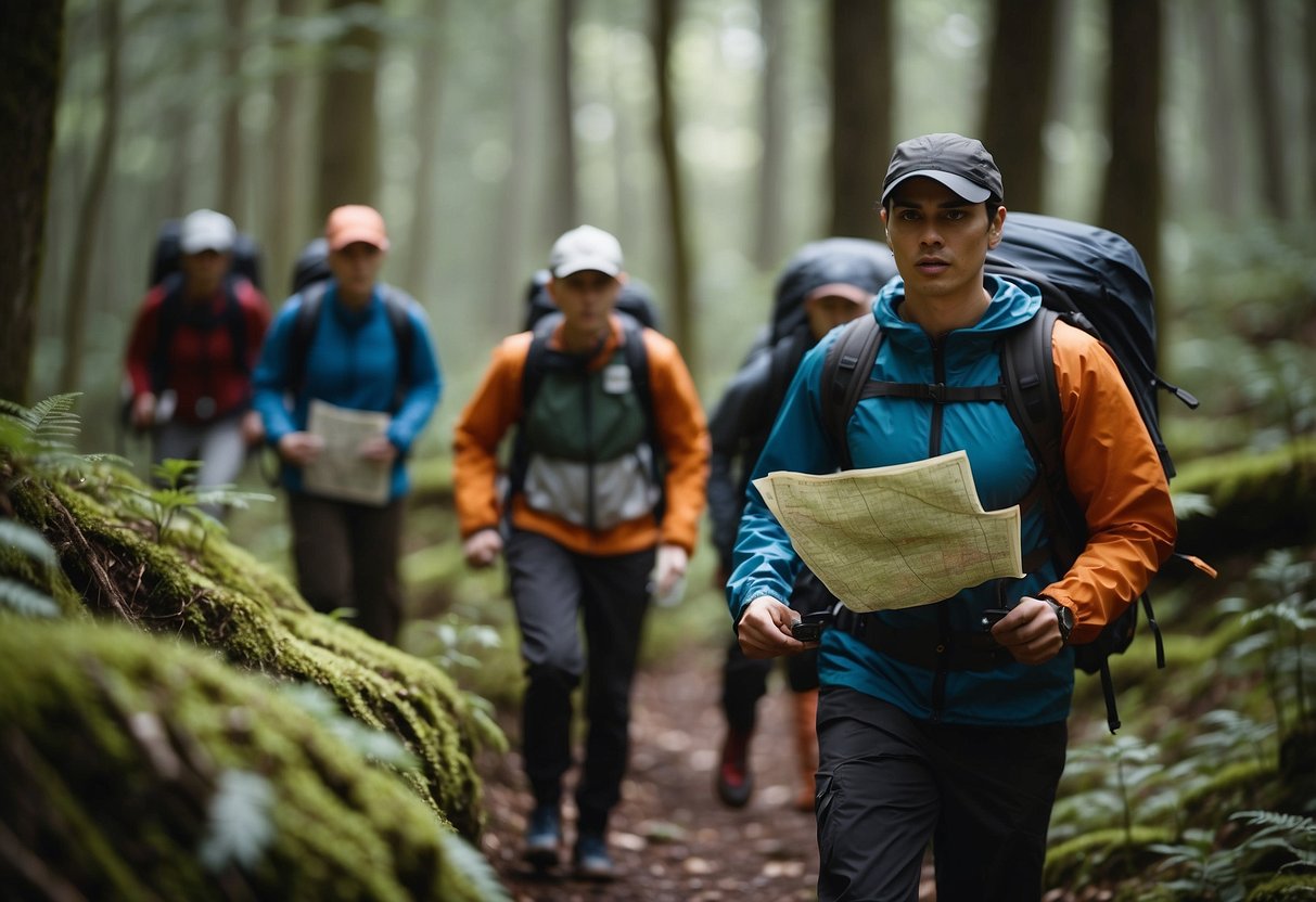 A group of orienteers trek through a dense forest, following a map and compass. They navigate through rugged terrain, staying motivated and focused on their goal