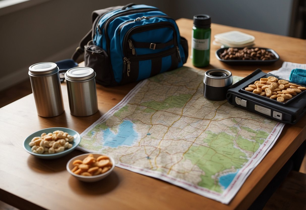 A map, compass, and energy snacks laid out on a table. A backpack packed with supplies sits nearby. A trail map is spread out, with a route marked in highlighter