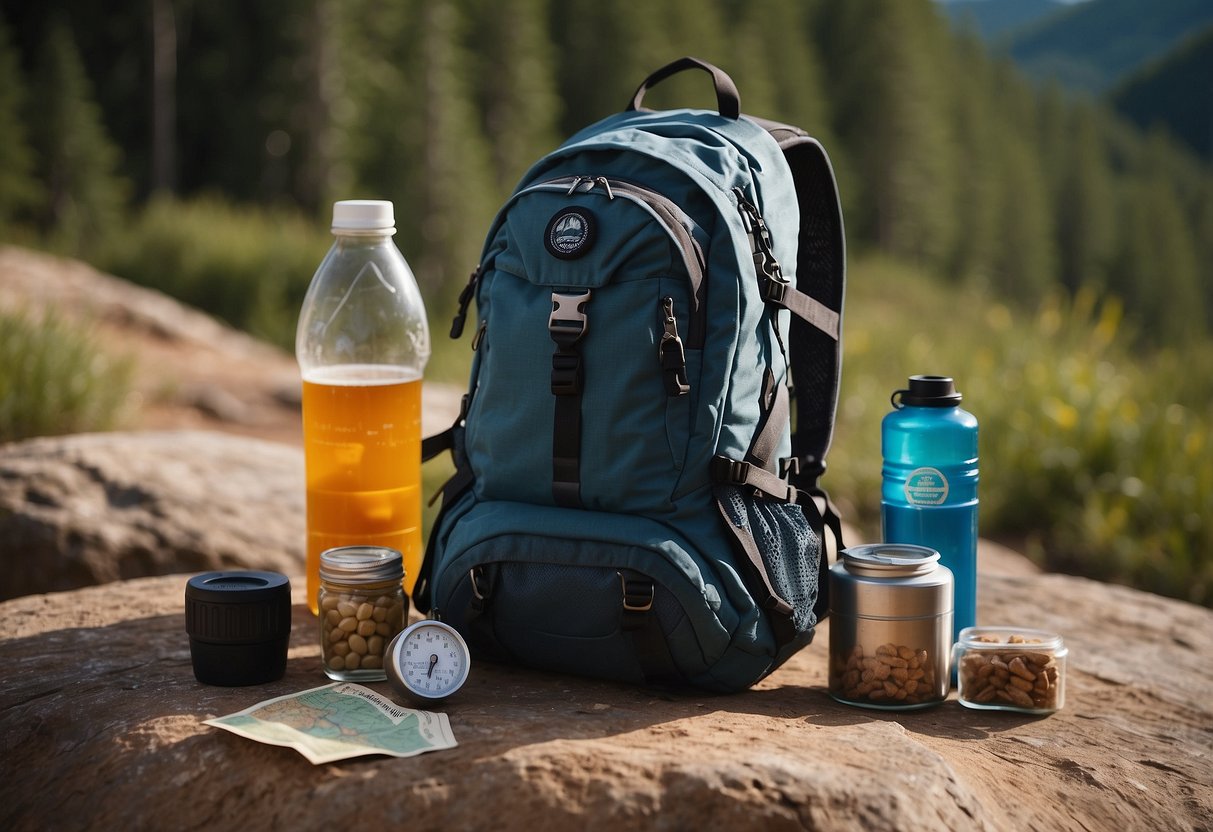 A backpack with a map sticking out, compass, water bottle, and energy snacks laid out on a rock in front of a trailhead sign