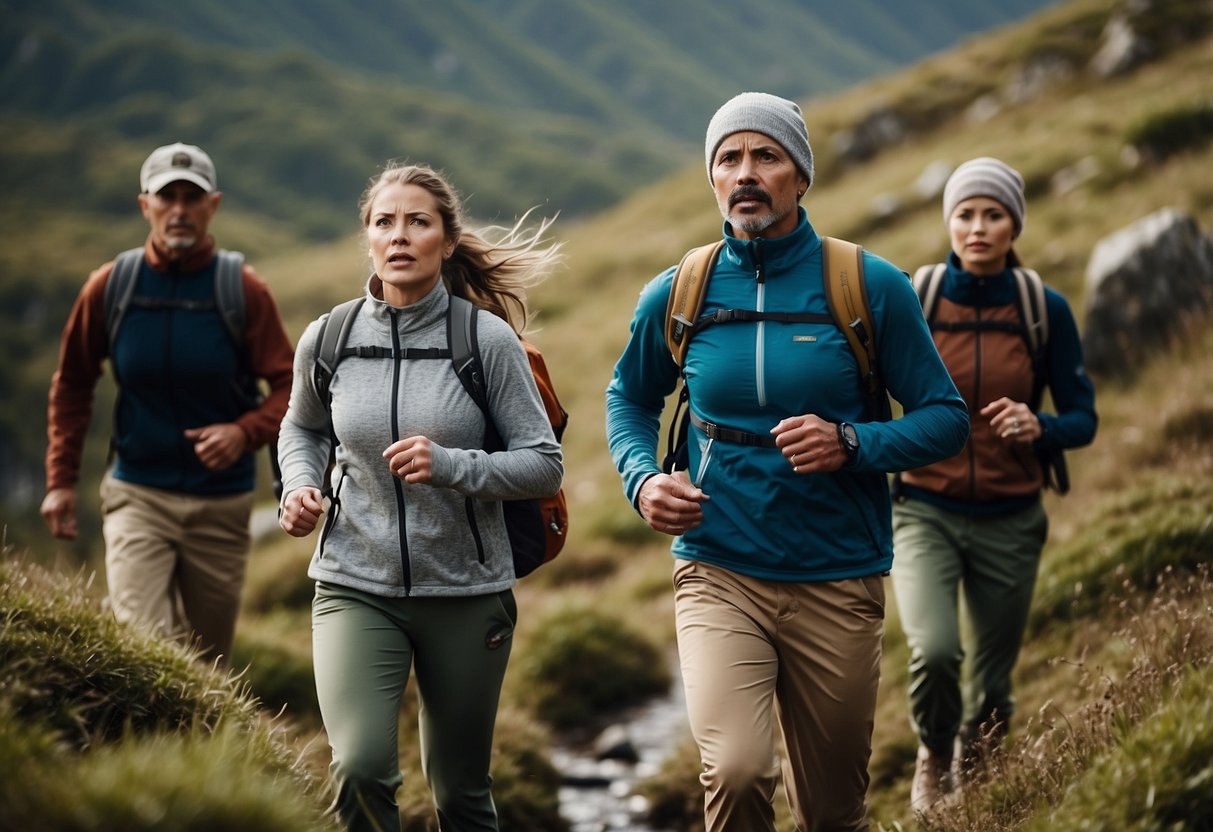 A group of orienteers wearing comfortable pants navigate through rugged terrain, with deep pockets and adjustable waistbands for ease of movement