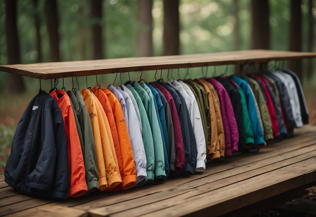 A table with 5 pairs of orienteering pants, each labeled with their features for comfort