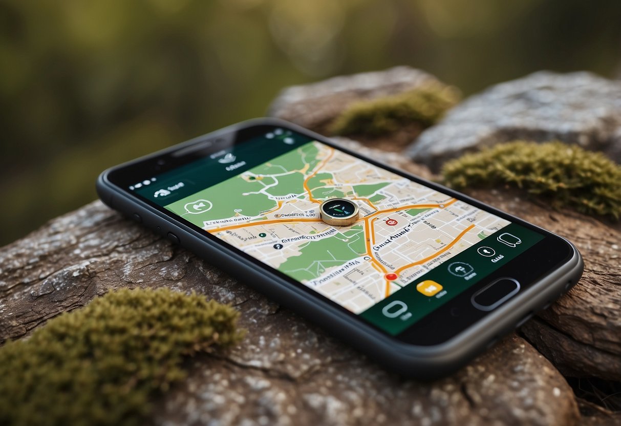 A smartphone with a compass app open, surrounded by a map, GPS device, and hiking boots. Icons of top orienteering apps displayed on the screen