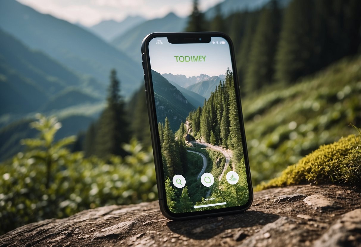 A smartphone with a hiking app open, showing a map with a trail marked in green, surrounded by trees and mountains in the background